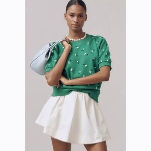 Anthropologie Maeve Puff-Sleeve Sweatshirt Tee Green Cherry Print XS Extra Small